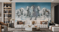Majestic seven horses running wall mural in a sharp artistic style.