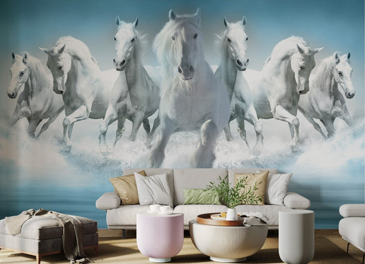 Seven horses running 3d mural for a wide living room wall.