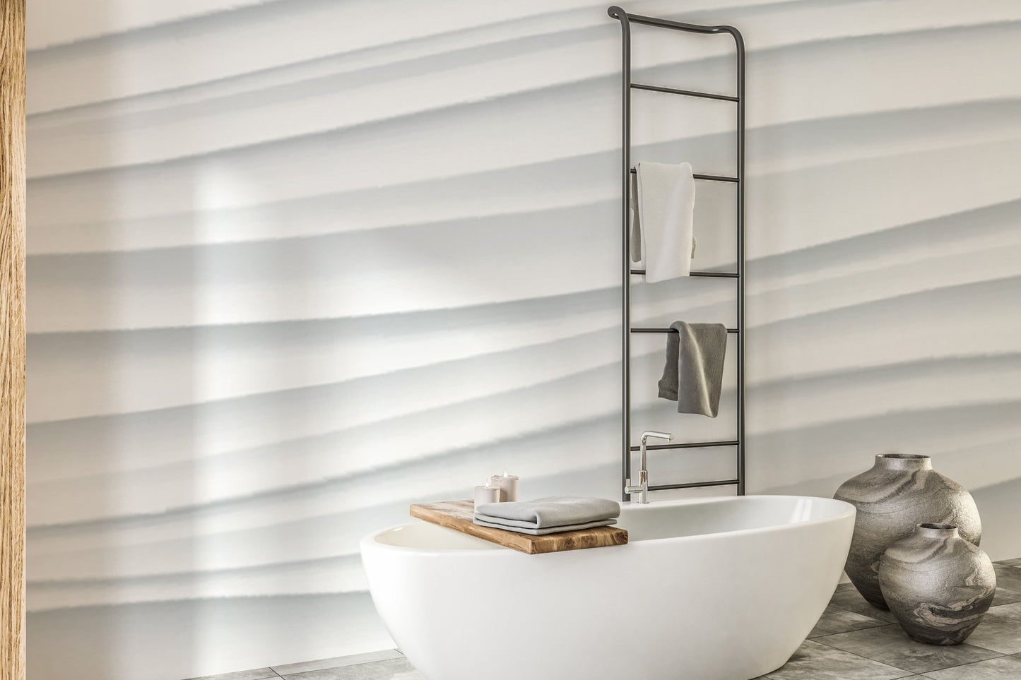 Marble wave wall mural in a bathroom wall mural with glass partition.