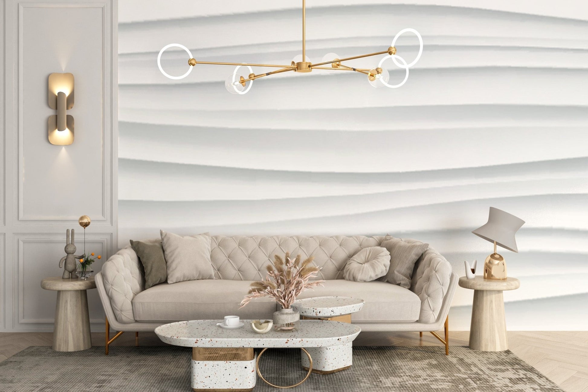 3D Wave White Marble Texture Wall mural for a stylish living room.