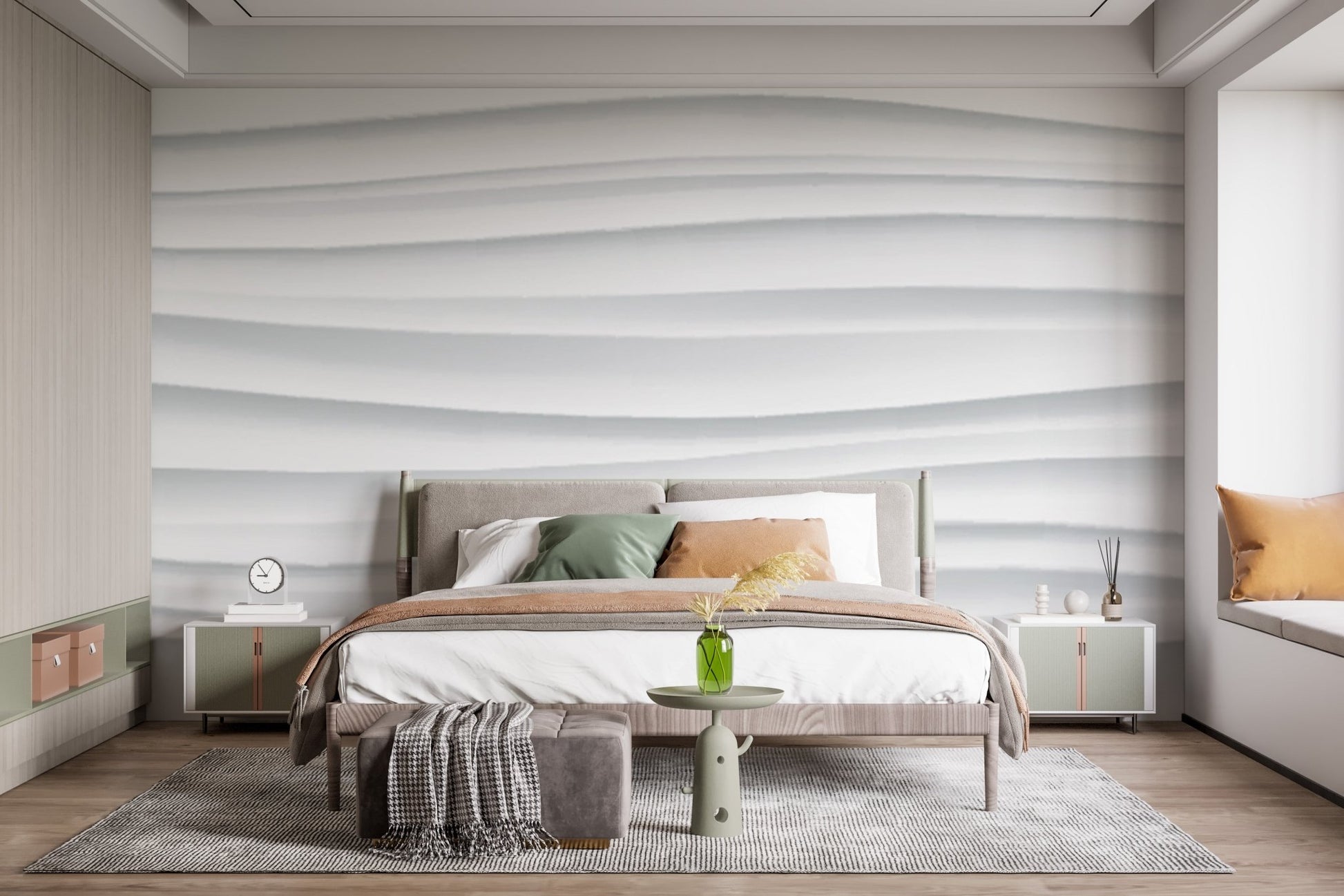 White wave wall mural for a modern bedroom with warm wood accents