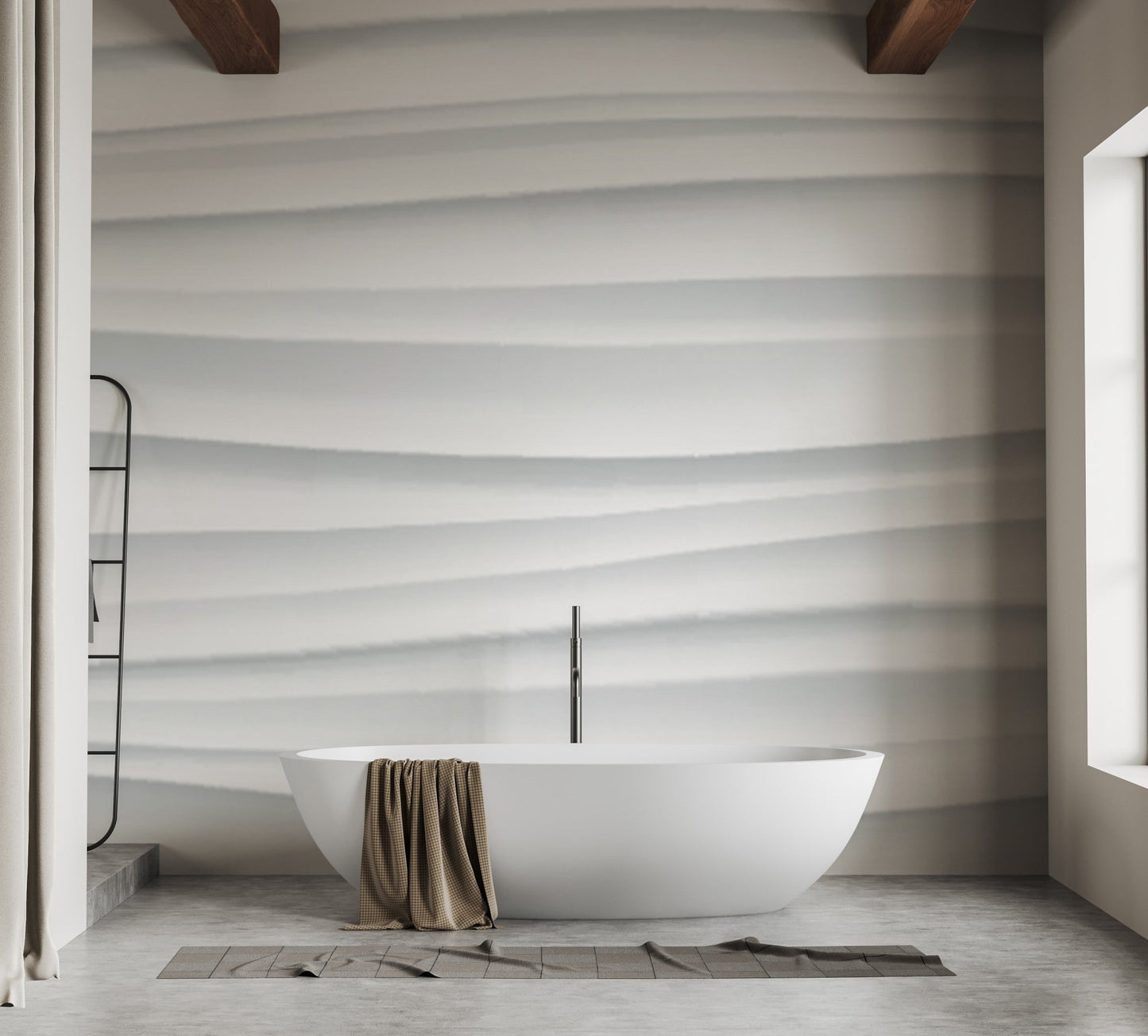 3D Wave White Marble Texture Wall mural in a white bathtub bathroom.