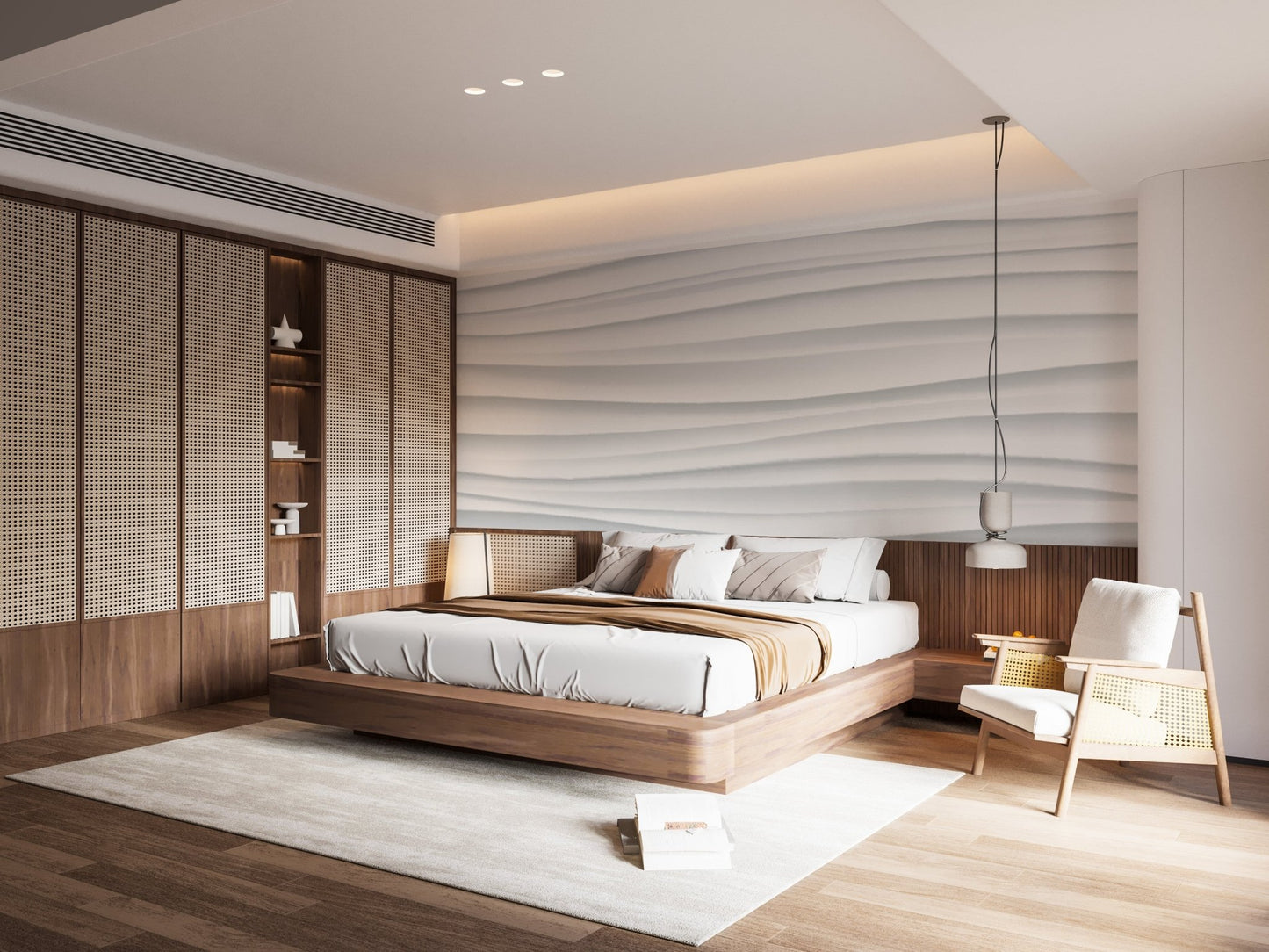 White marble wave wall mural behind a bed in a calm modern bedroom interior