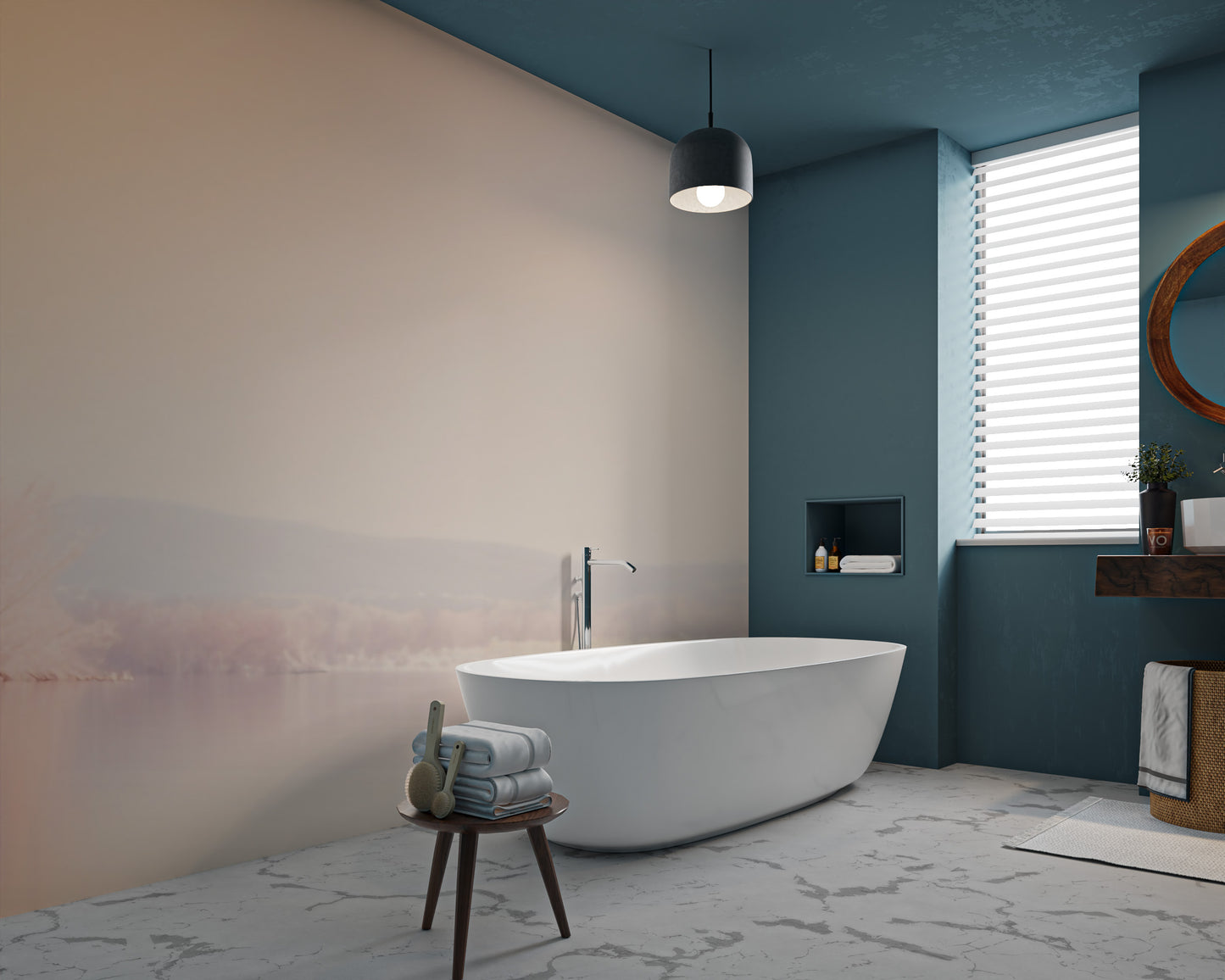 Warm-toned misty lake wall covering
