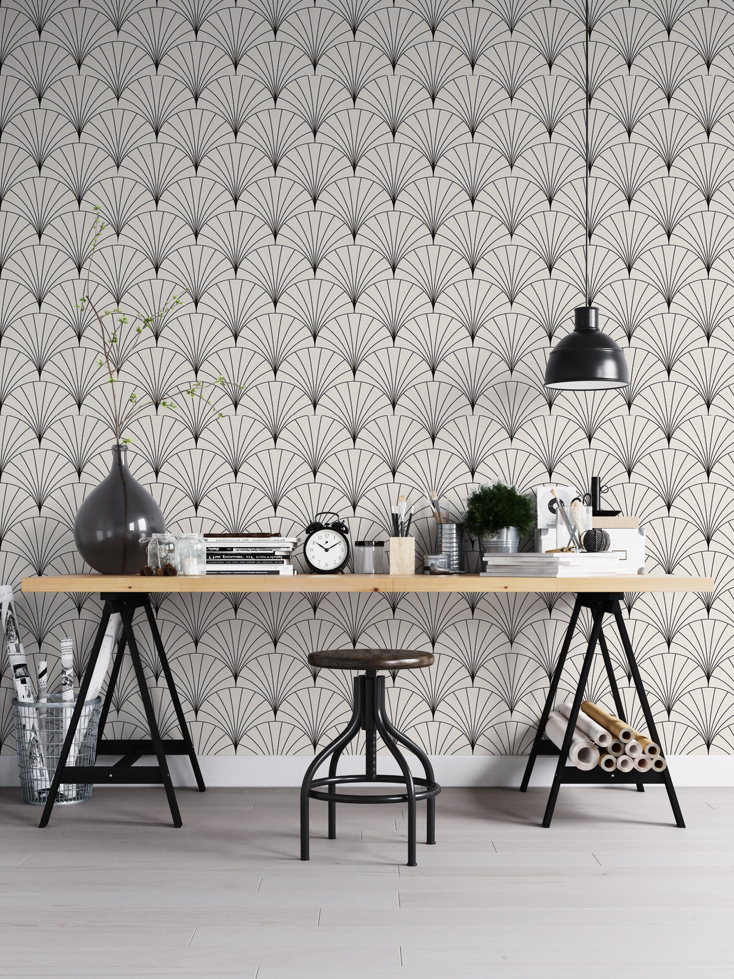 Sophisticated Deco tile wallpaper with vector arcs.