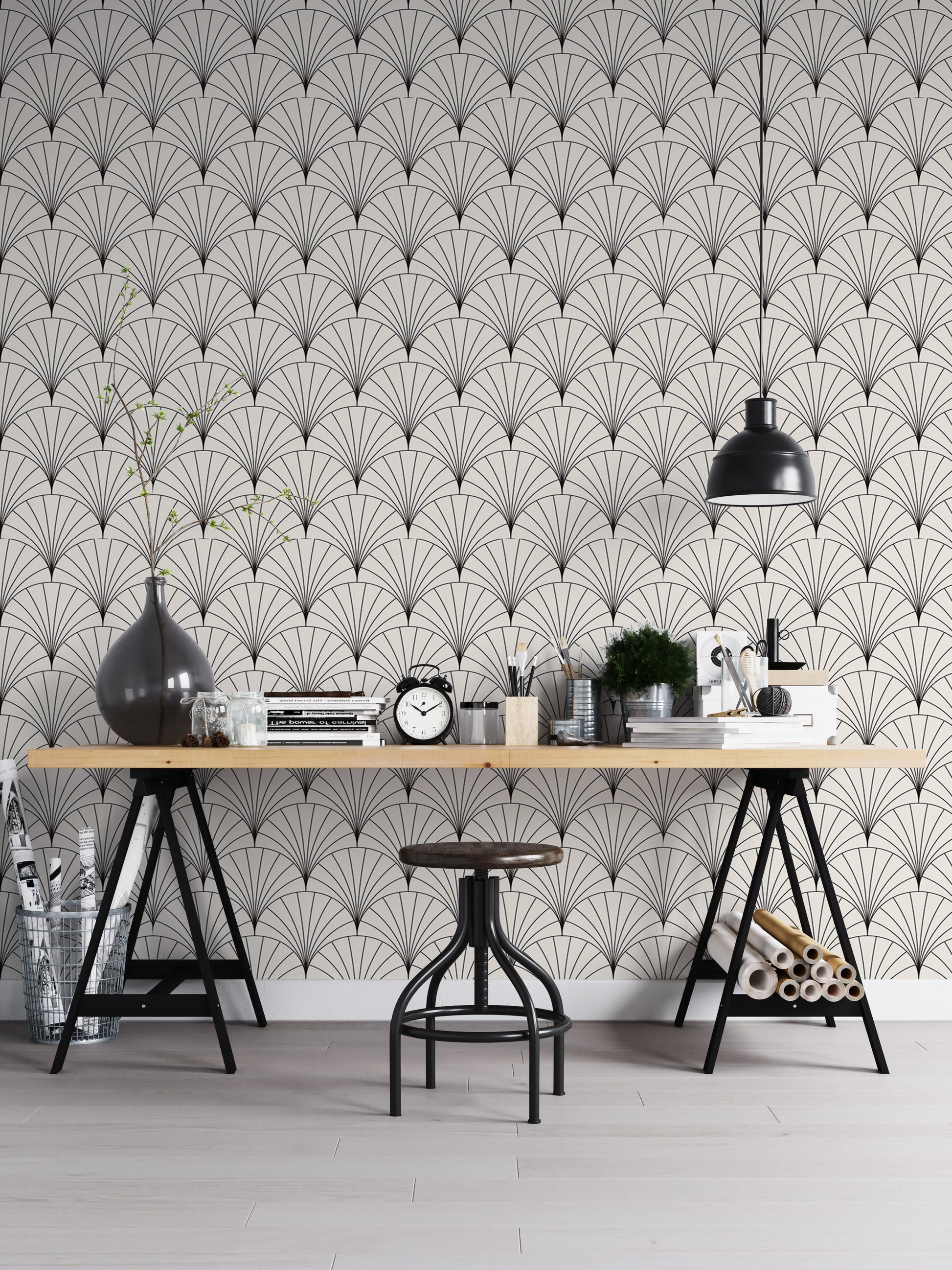 Sophisticated Deco tile wallpaper with vector arcs.