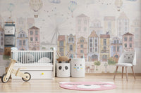 Whimsical kids wallpaper featuring a bustling old city atmosphere
