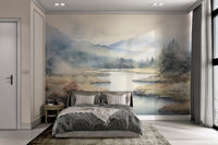 Serene river valley wallpaper with gentle mist
