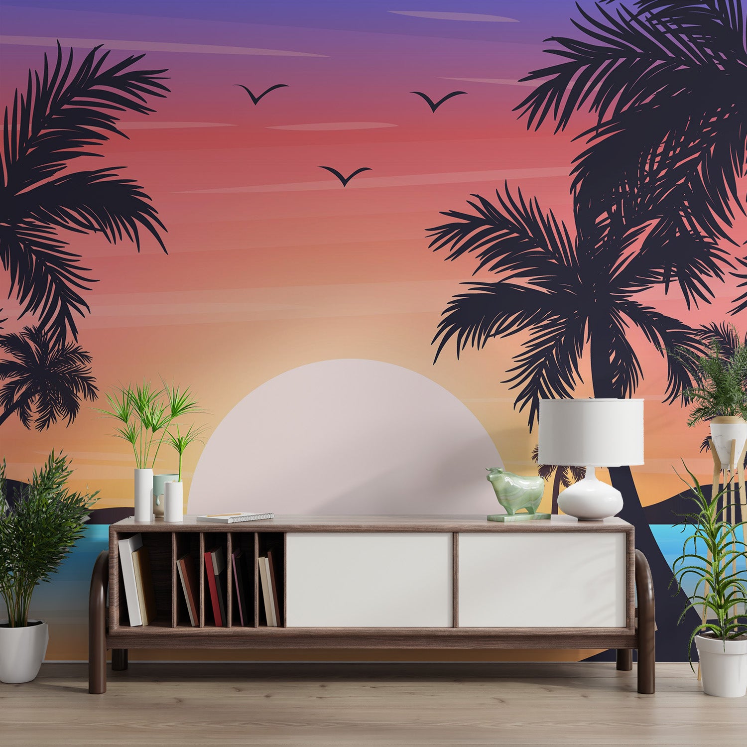 Sunset over water background with palm silhouettes
