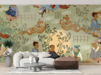 Ancient tea ceremony mural with cultural charm
