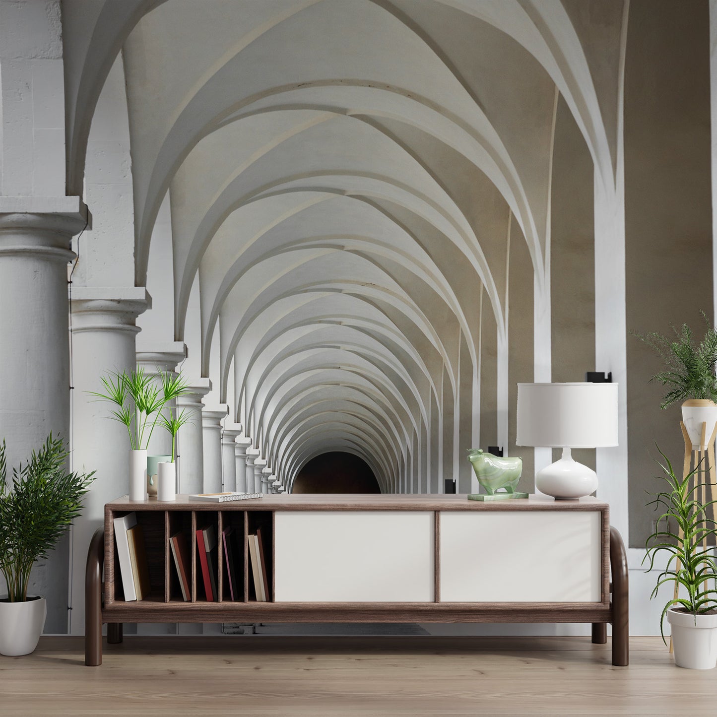 Elegant hallway wallpaper with repetitive arch pattern
