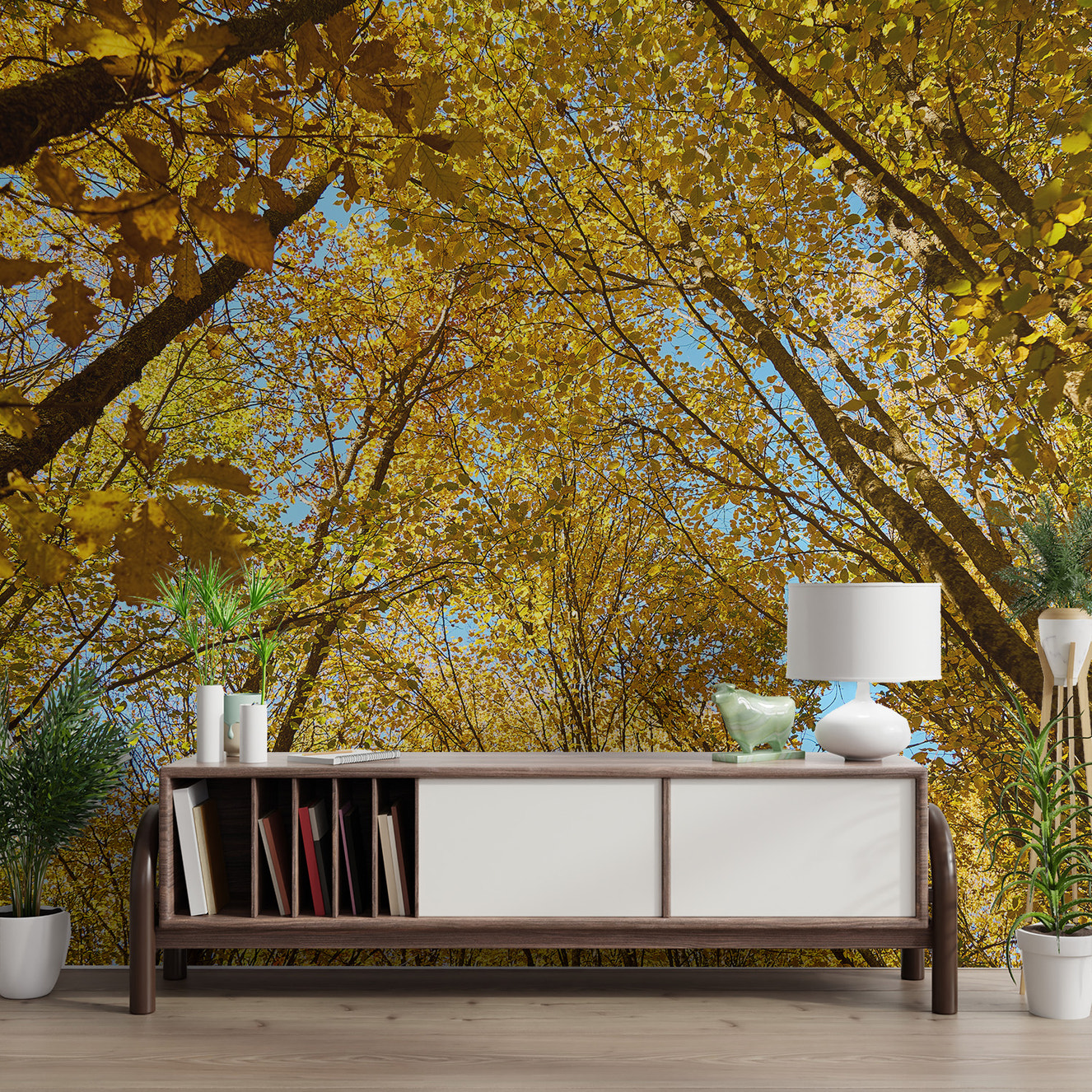 Golden autumn forest canopy wallpaper with sunlit leaves