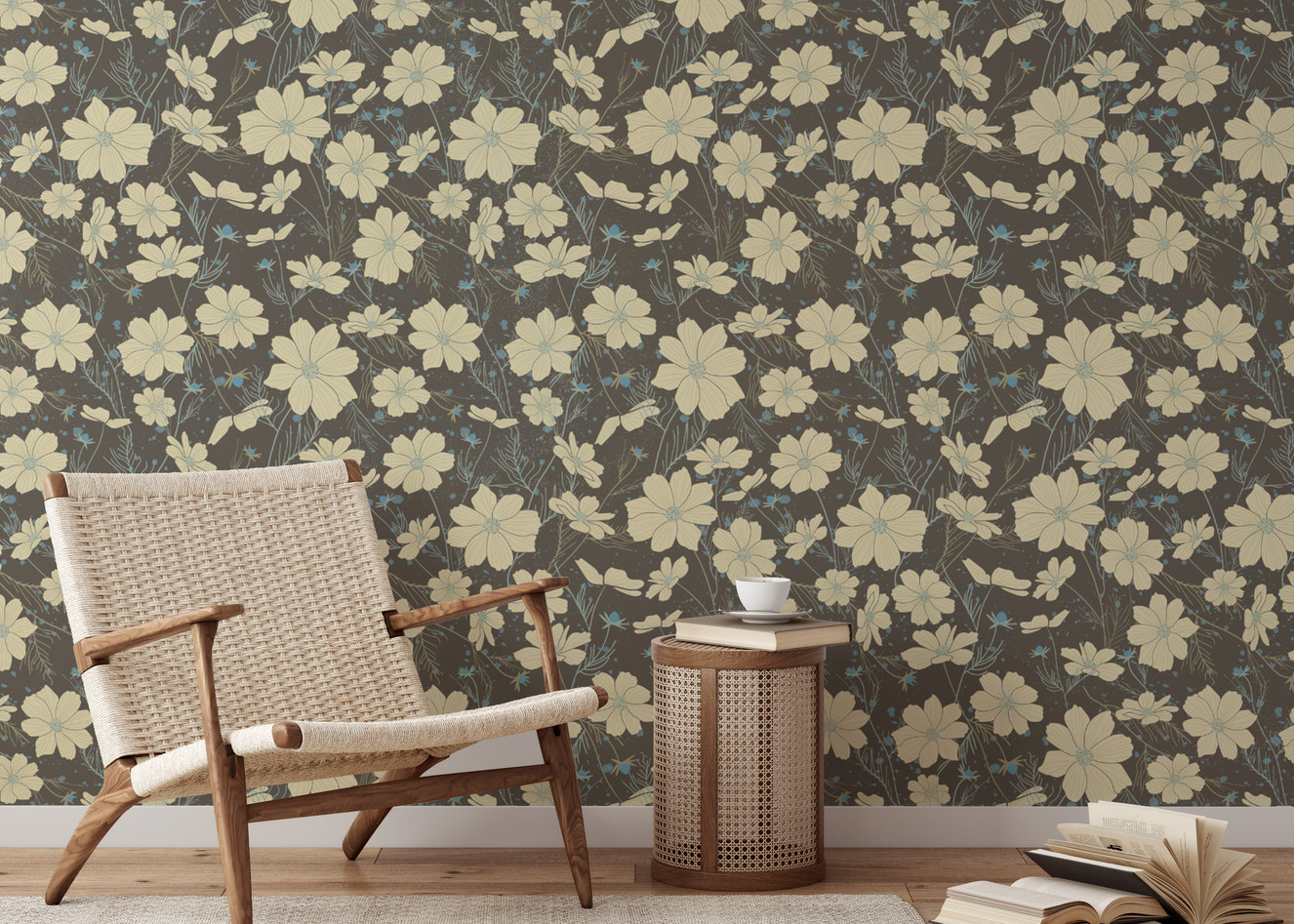Elegant gray wallpaper featuring cosmos flower designs