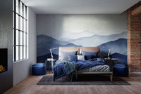Misty blue mountains mural for serene room ambiance

