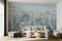 Grus birds and floral forest wallpaper mural design