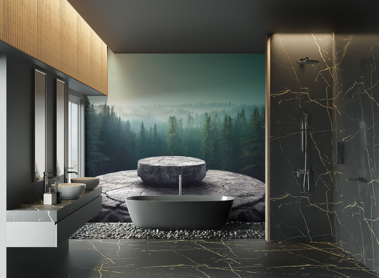 Mystical stone podium wallpaper with foggy forest