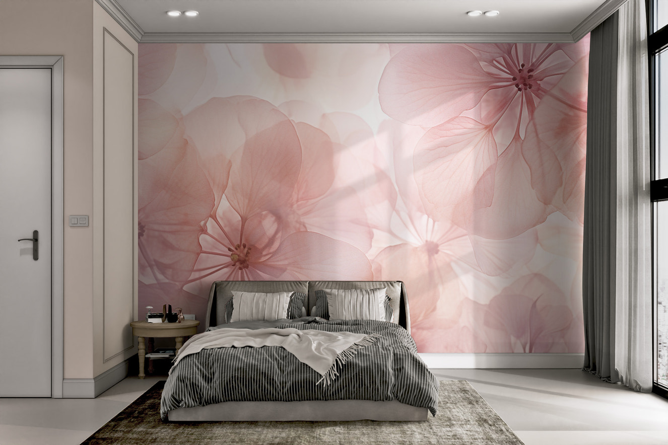 Dreamy pink flower wall mural with gentle hues