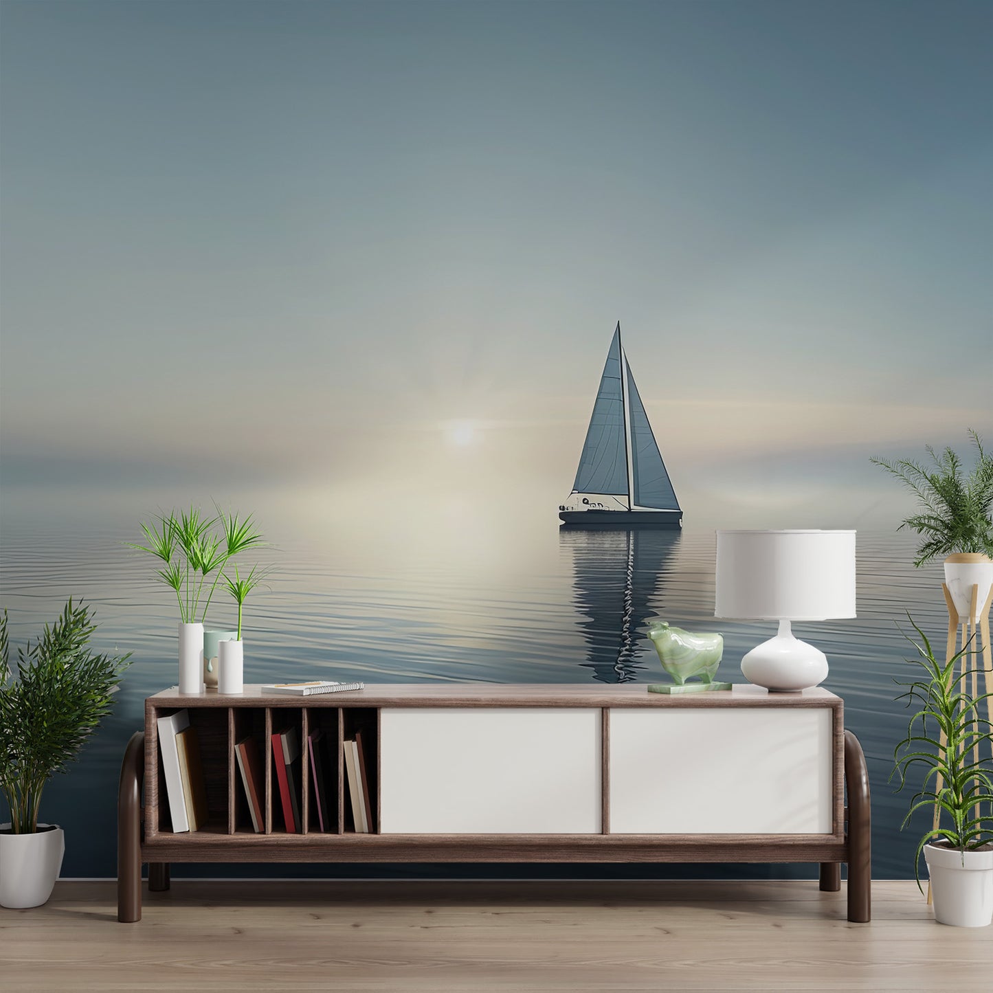 Sailboat reflection on water mural with morning glow