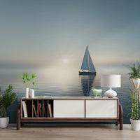 Sailboat reflection on water mural with morning glow