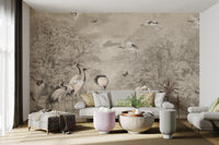 Exotic jungle mural with palm trees and vintage birds
