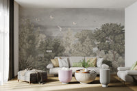 Vintage jungle wallpaper with Grus birds and flowers