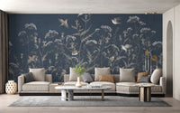 Room wallpaper featuring blooming flowers and birds