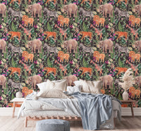 Watercolor wallpaper showcasing safari animals and tropical florals