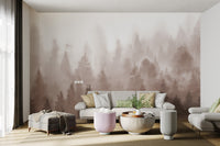 Watercolor mural with brown painted pine forest design