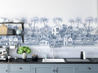 Watercolor coastal village mural for peaceful interiors
