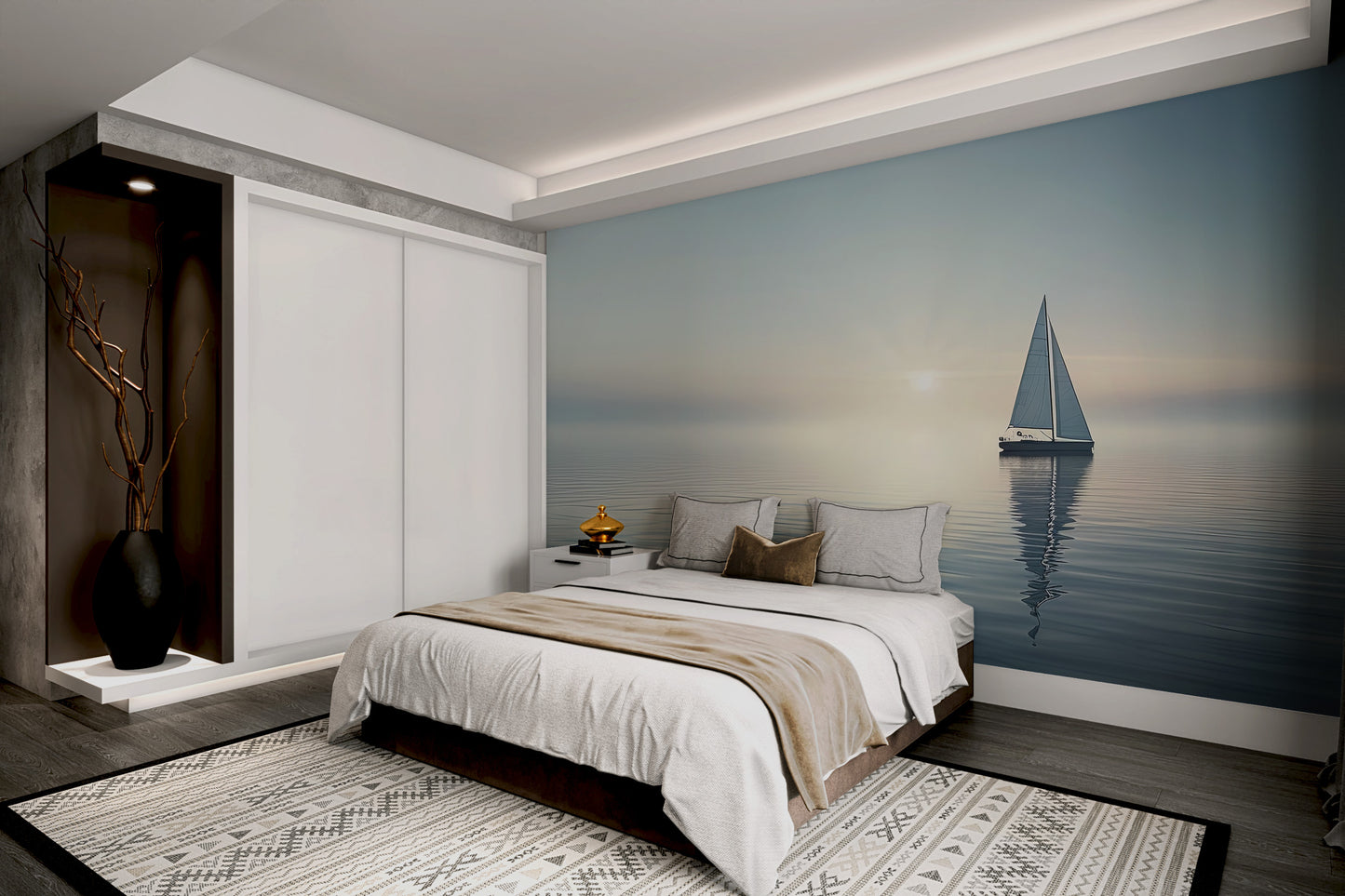 Serene blue water sailboat scene with gentle ripples