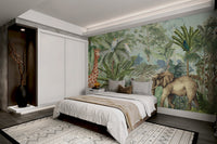 Elephant and giraffe jungle wallpaper with foliage