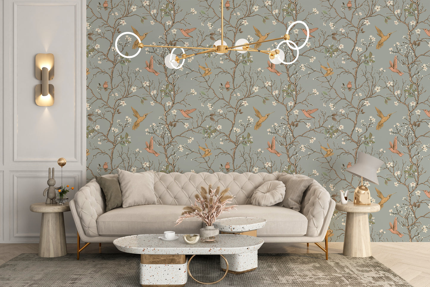 Floral vintage mural showcasing hummingbirds
