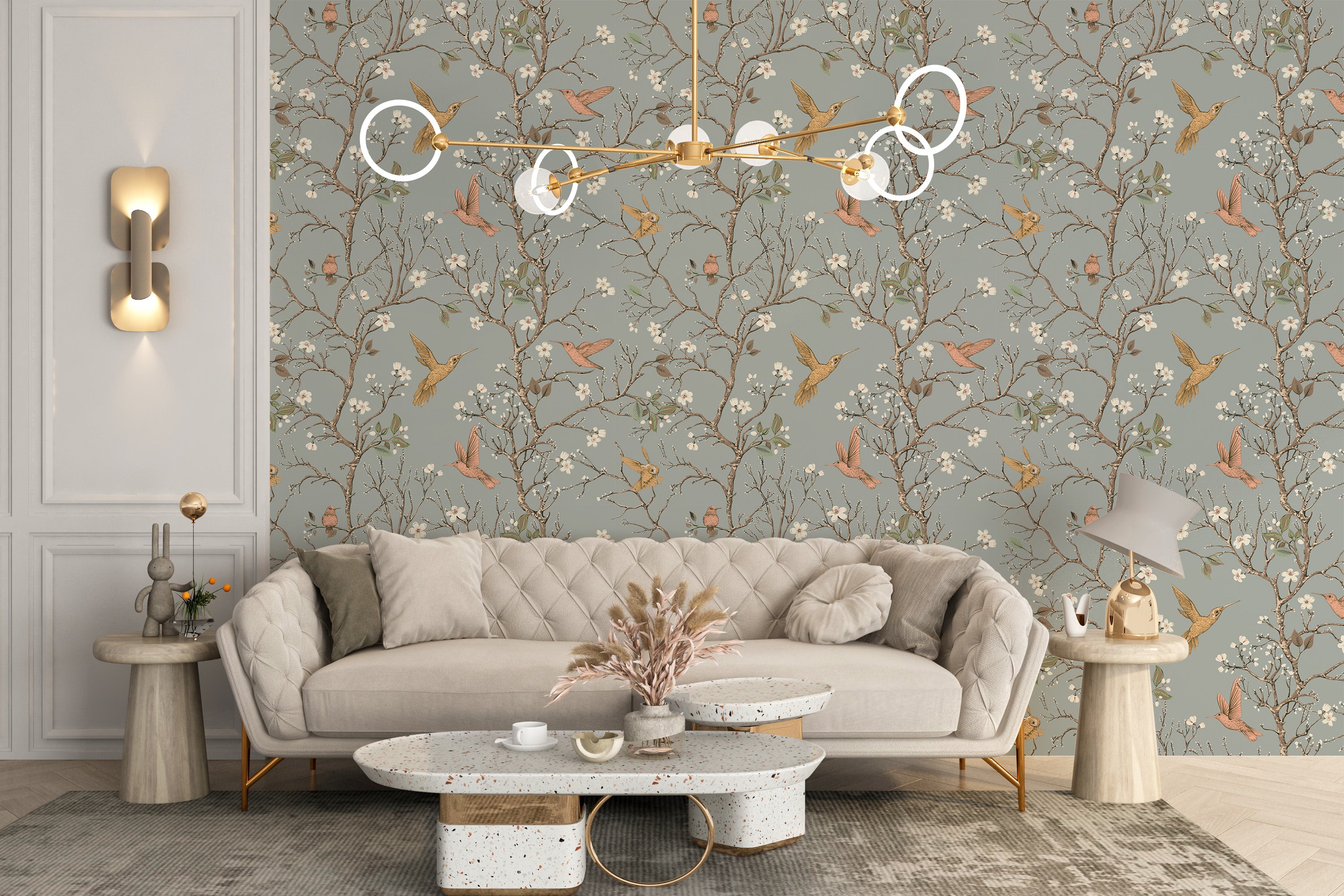 Floral vintage mural showcasing hummingbirds
