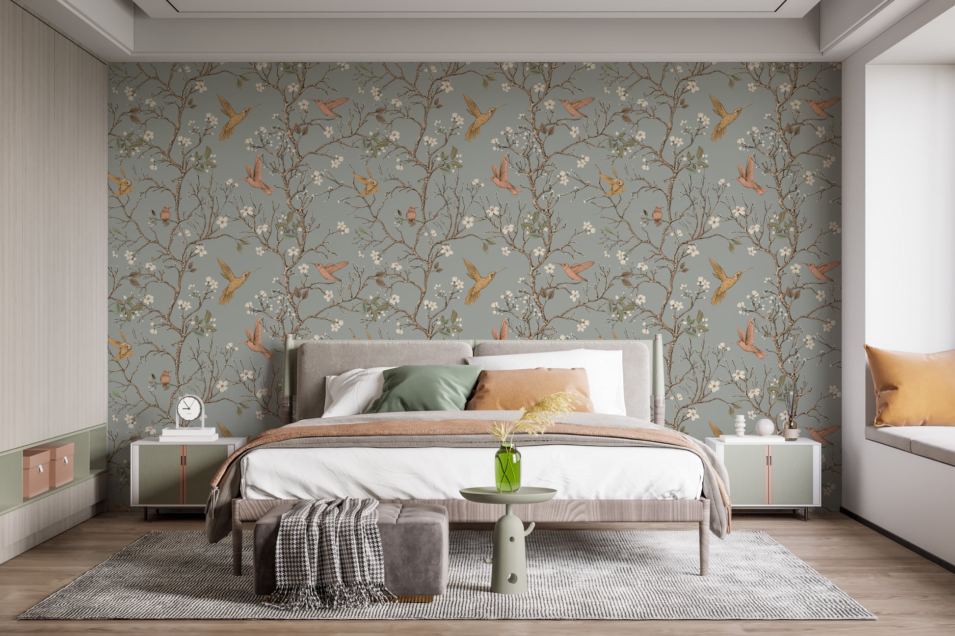 Hummingbirds with vintage floral wallpaper
