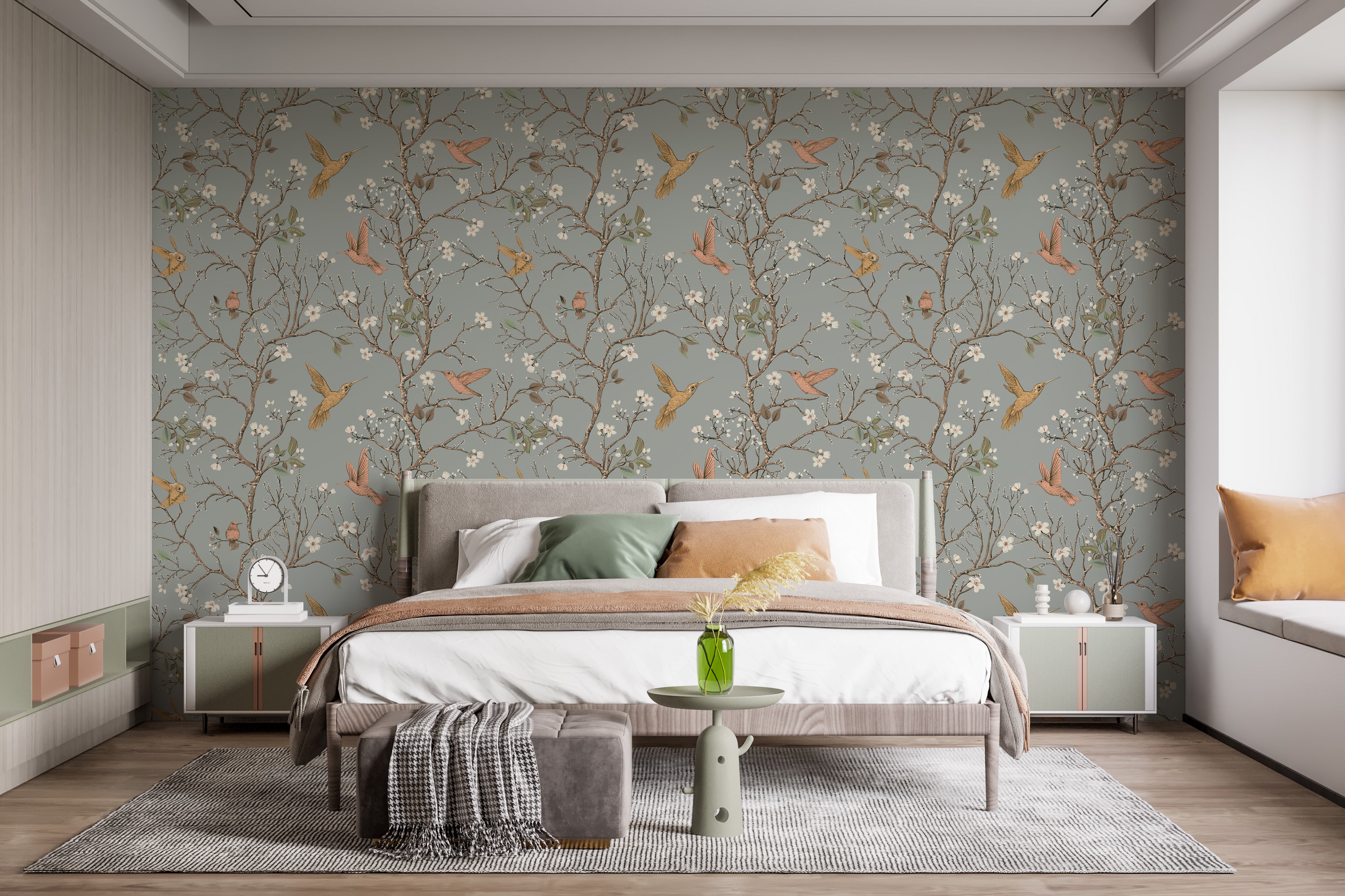 Hummingbirds with vintage floral wallpaper
