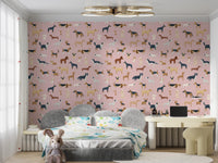 Bright pink wallpaper featuring a variety of dogs
