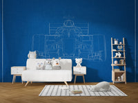 Bold F1 car blueprint mural for home decor
