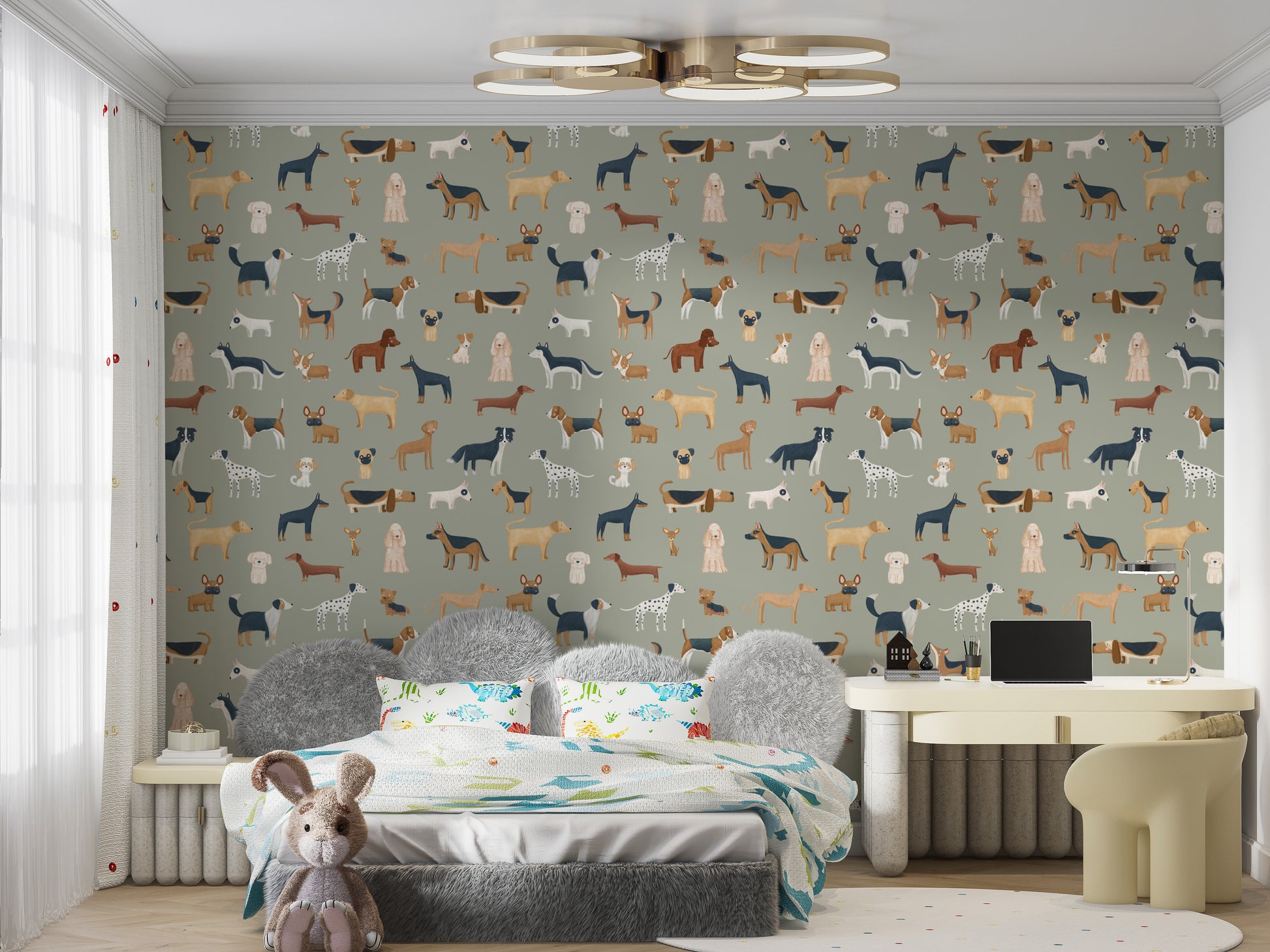 Unique safari green wallpaper with charming dog motifs
