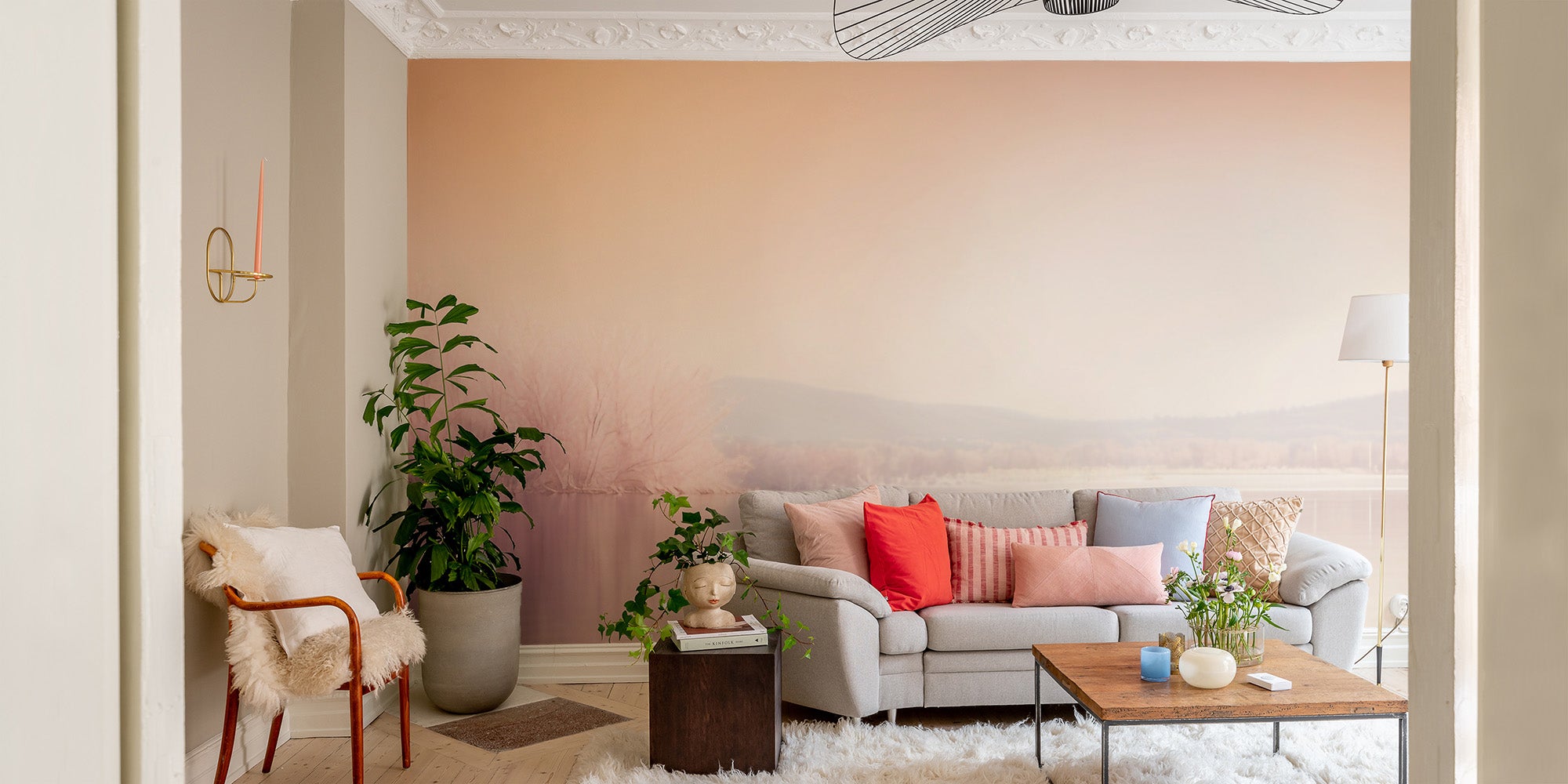 Peachy mist lake wallpaper mural

