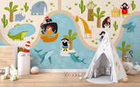 Colorful pirate mural with animals
