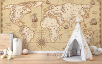 Rustic world map wallpaper with vintage patterns
