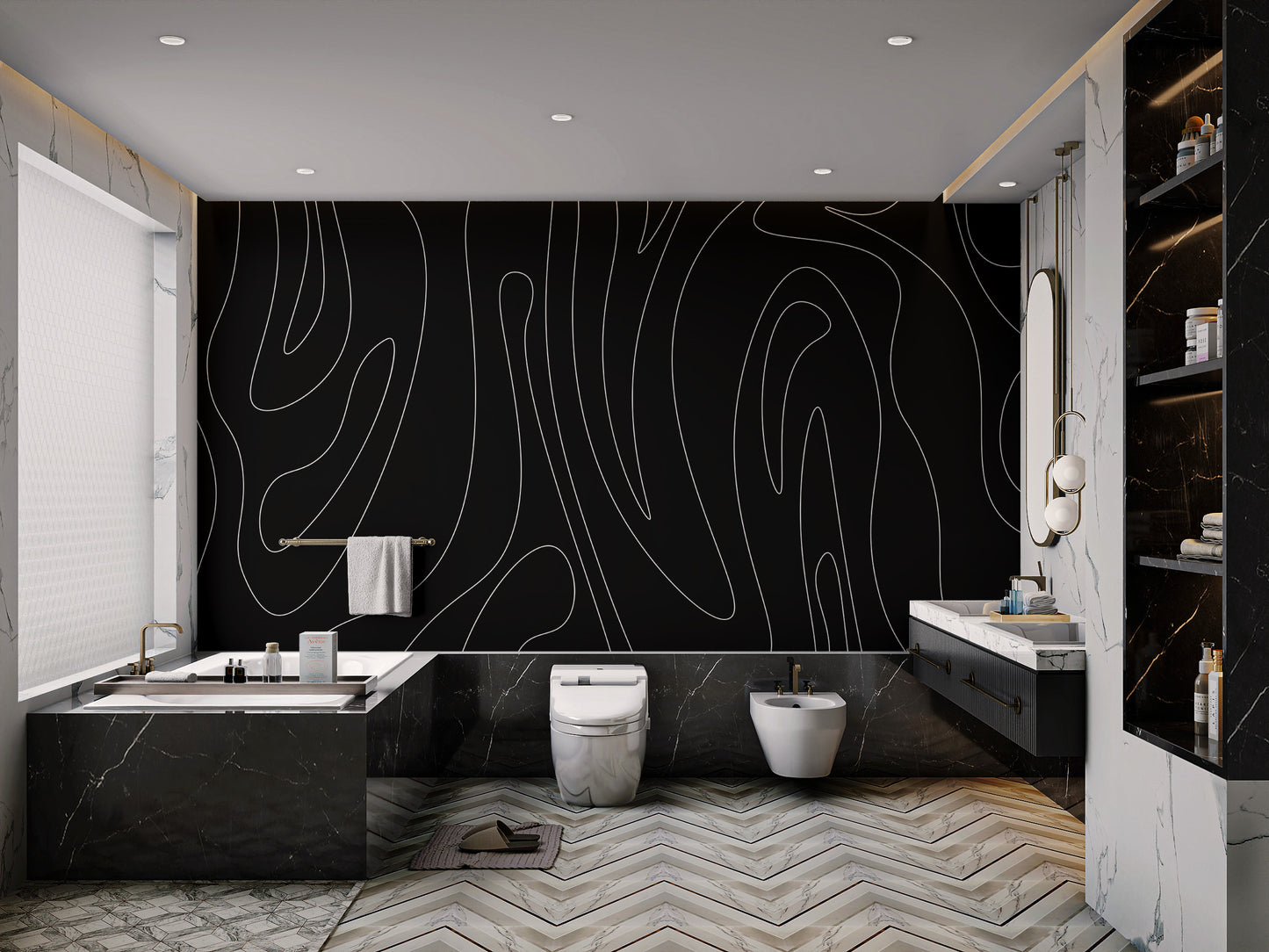 Black Abstract Wavy Line Wallpaper