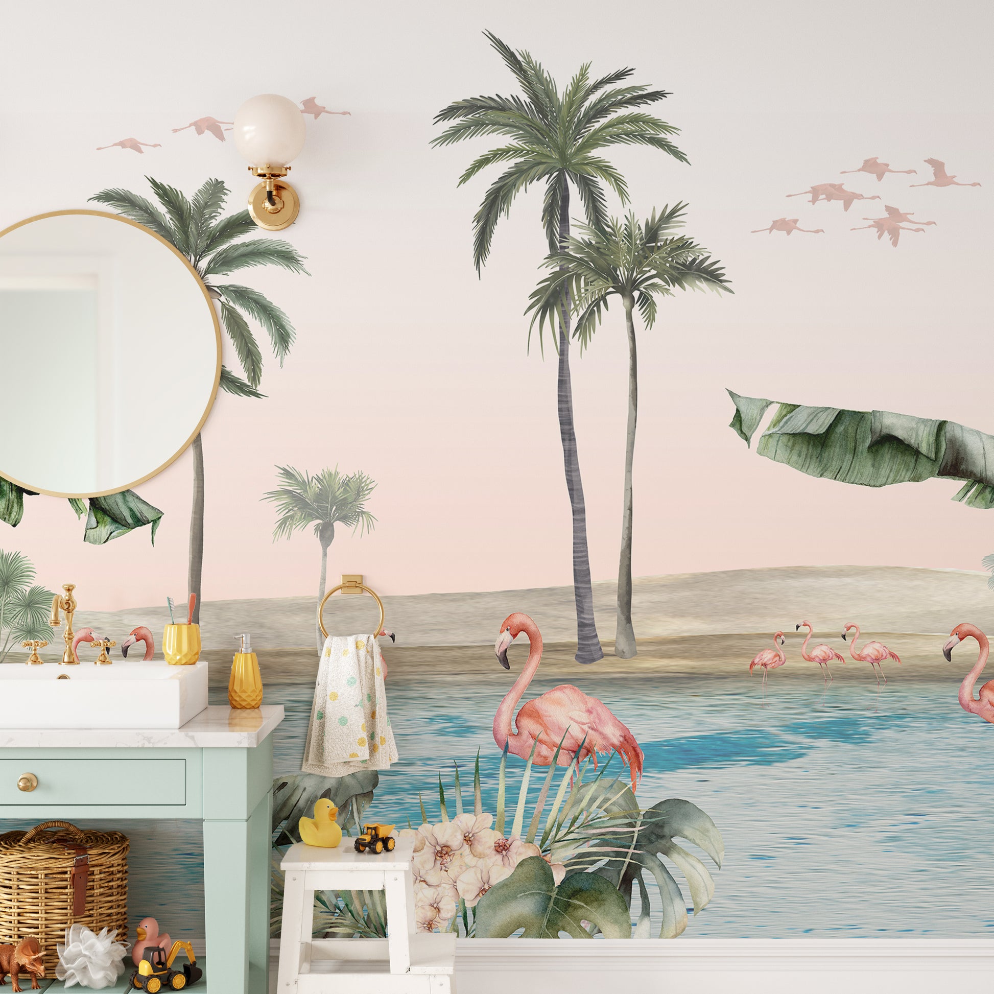 Lush wallpaper mural with flamingos and tropical palms.
