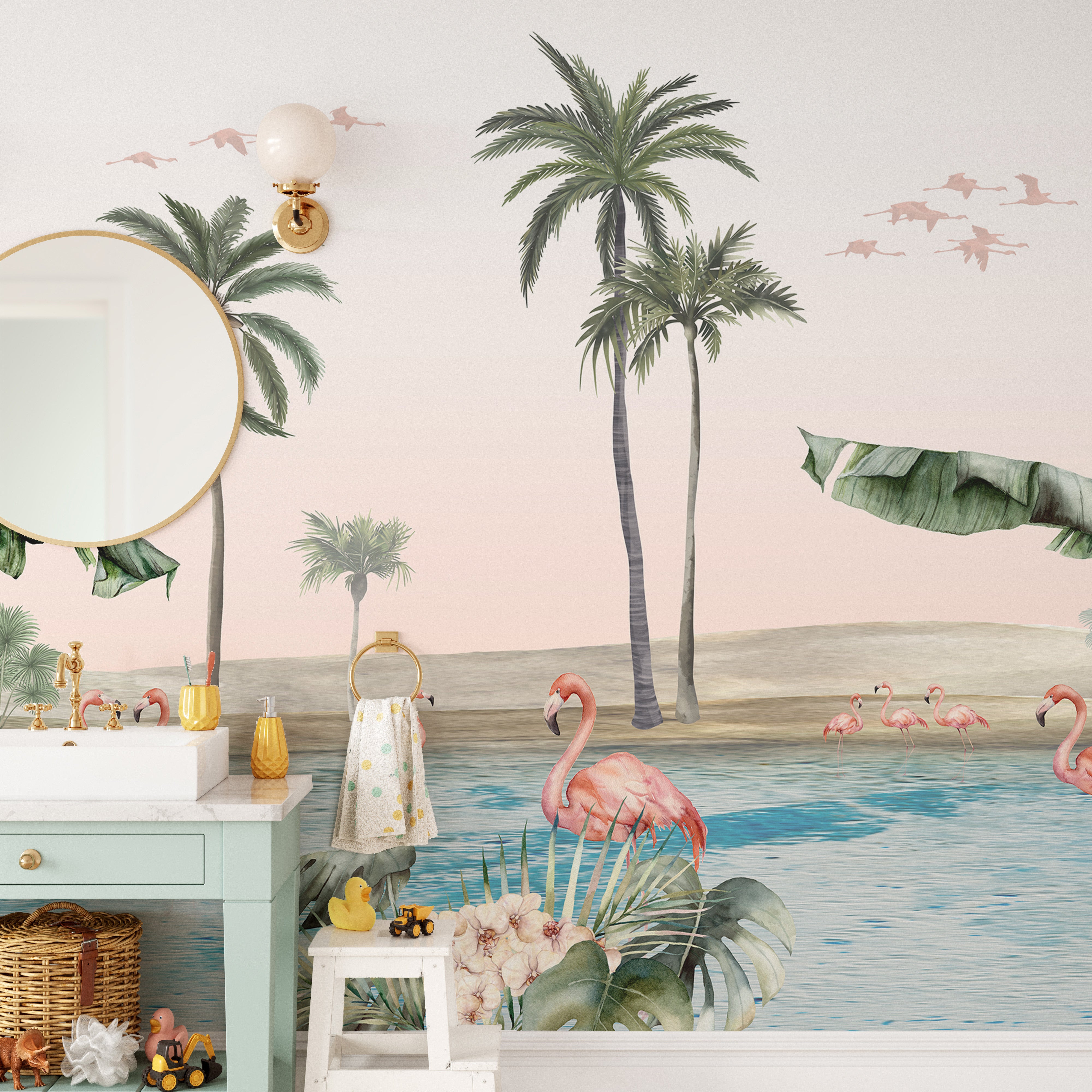 Lush wallpaper mural with flamingos and tropical palms.
