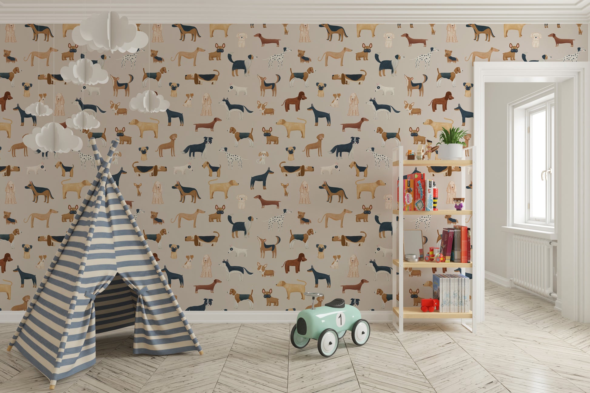Wallpaper showcasing various dog breeds in beige style
