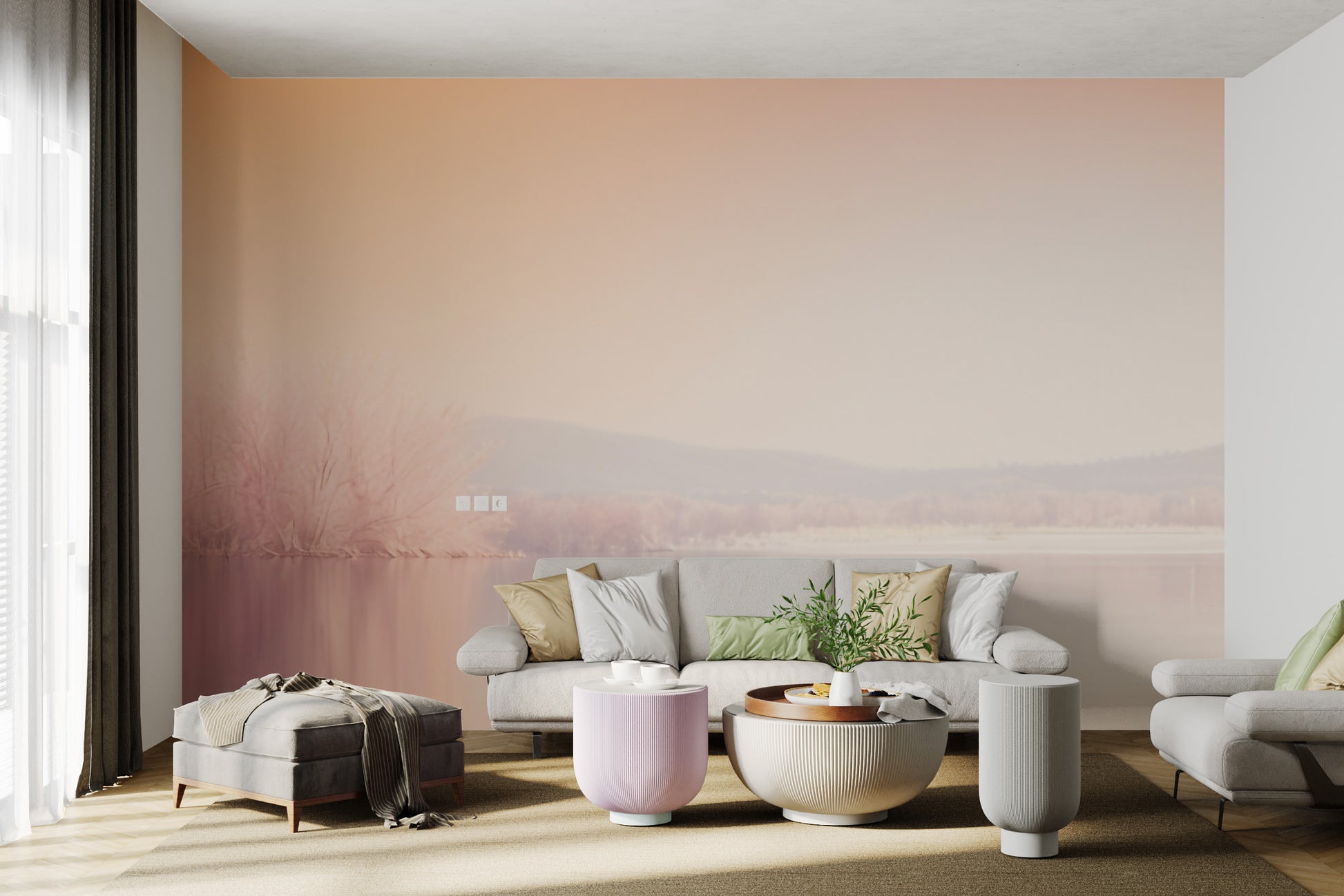 Dreamy misty lake wallpaper design
