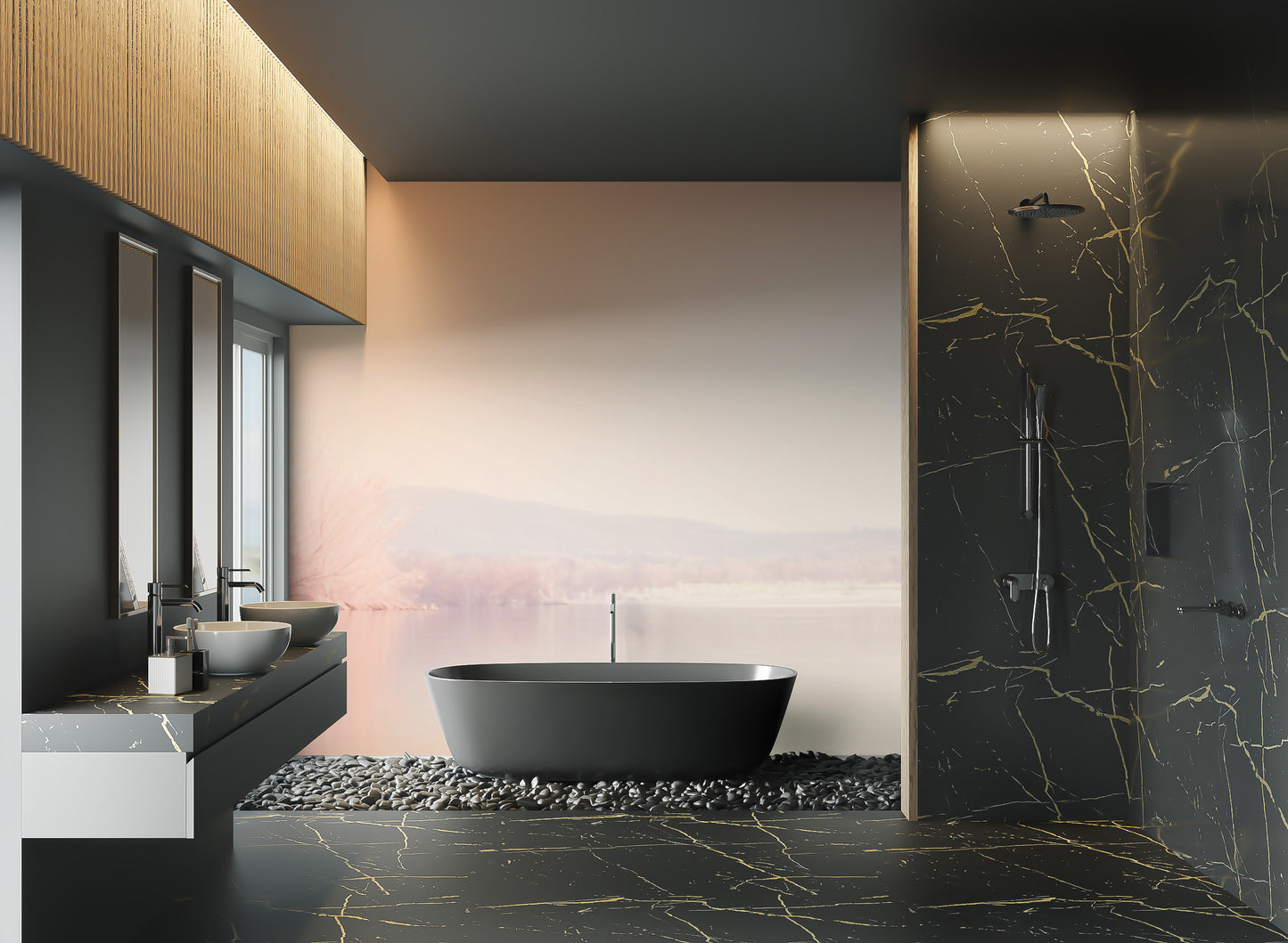 Tranquil lake with peachy sky mural
