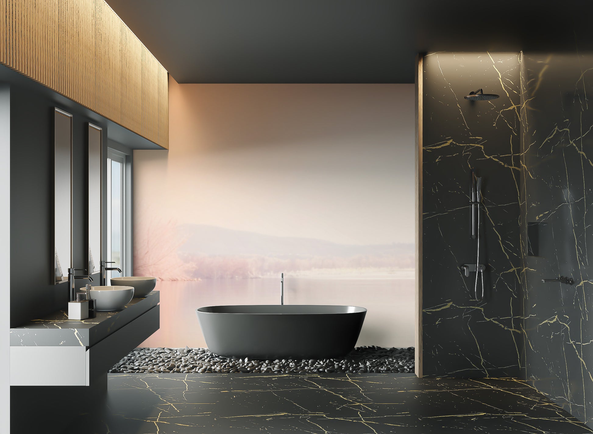 Tranquil lake with peachy sky mural
