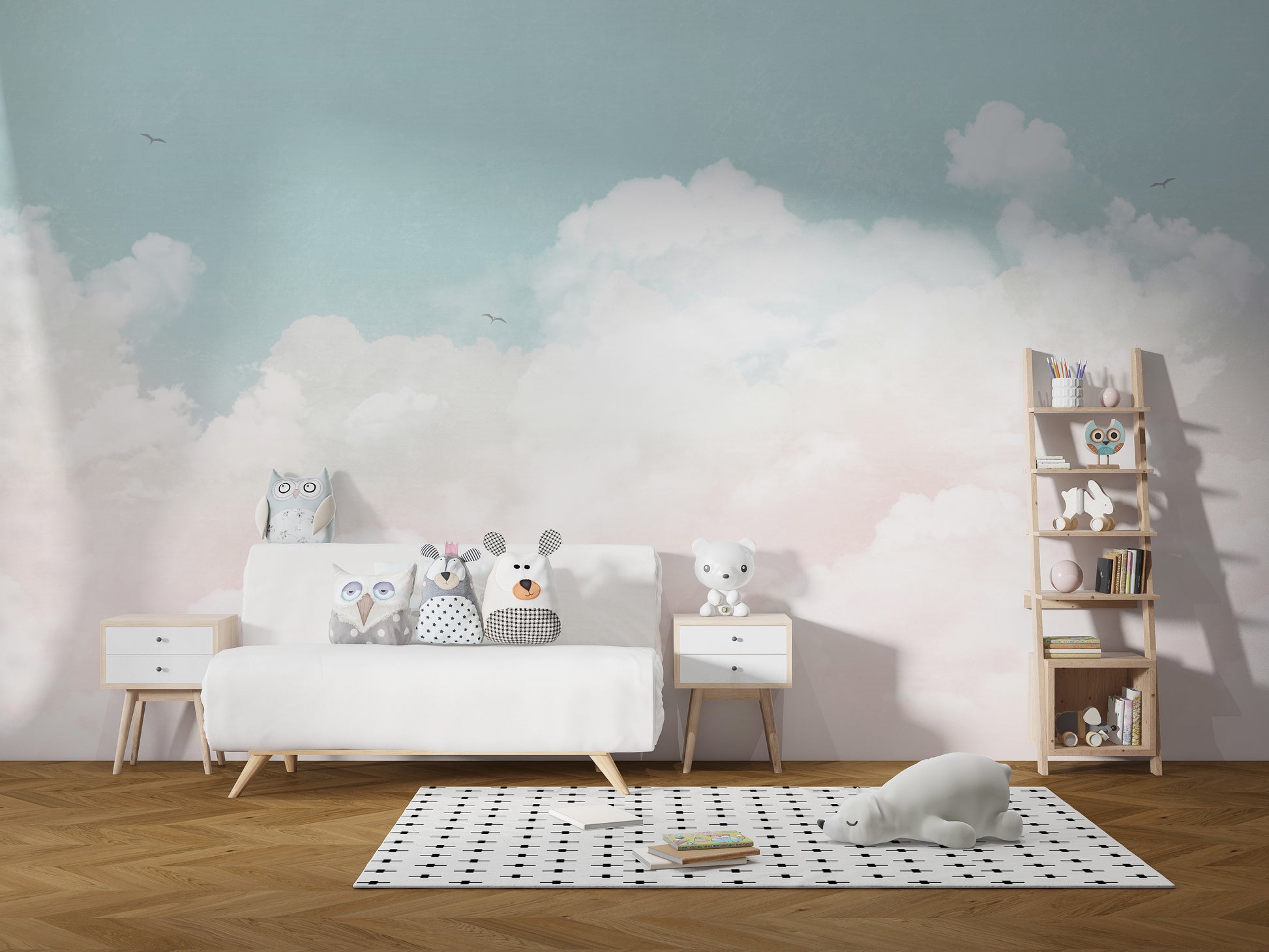 Calm-inducing cloud mural for living areas
