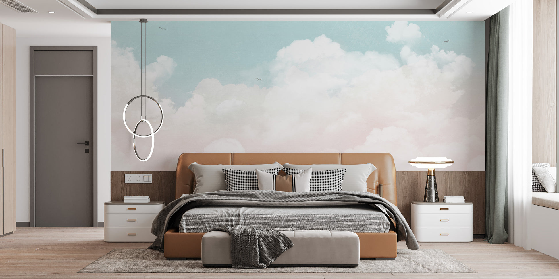 Cloudscape mural creating a tranquil ambiance
